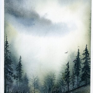 May include: Watercolour painting of a misty forest scene. Dark green and blue trees line the edges of a path leading into the fog. A bird flies in the sky. The painting has a soft, atmospheric quality.