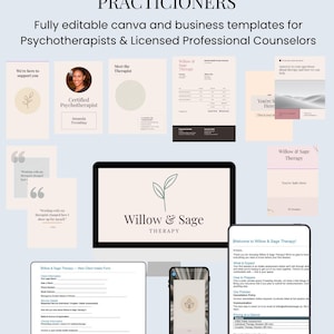 May include: A digital business bundle for mental health practitioners featuring editable Canva templates. The display includes a laptop, smartphone, and tablet showing intake forms, welcome packets, and social media designs with the Willow & Sage Therapy logo.
