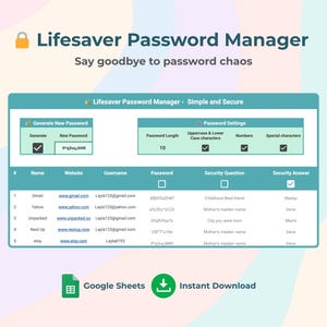 Pode incluir: Uma captura de tela de um site que mostra uma ferramenta de gerenciamento de senhas. O site tem um esquema de cores verde e branco. A ferramenta permite que os usuários gerem novas senhas, definam o comprimento da senha e escolham as configurações da senha. O site também tem uma tabela que lista diferentes sites, nomes de usuário e senhas.