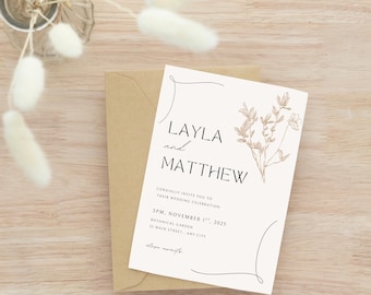 Beige Wedding Invitation, Minimal, Drawn Flowers, Elegant Design