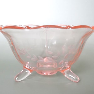Vintage Pink Depression Footed Glass Bowl with Etched Leaf Design