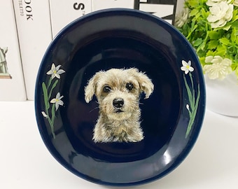 Custom Hand-Painted Pet Portrait Ceramic Ring Dish, Memorial Jewelry Tray, Birth Flower Art