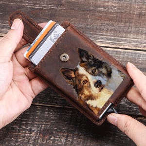 Hand-Painted Mini Pet Portrait Leather Card Holder, Custom RFID-blocking Wallet, Gift for Him