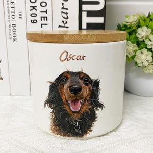 Puede incluir: Tarro blanco de cerámica para golosinas para mascotas con tapa de bambú. El tarro presenta una ilustración de un perro salchicha sonriente y el nombre "Oscar" en escritura marrón. Un artículo decorativo para dueños de mascotas.