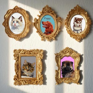 May include: Five ornate, gold-coloured picture frames displaying pet portraits. The portraits feature a cat, a dog named "Peggy", and two puppies. The frames are mounted on a white wall.
