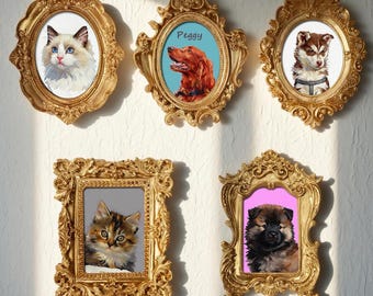 Custom Hand-Painted Pet Art: Personalized Cat Portrait, Baroque Frame, Mini Portraits, Dog Birthday Gifts