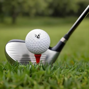 May include: A white golf ball featuring a black dog silhouette is balanced on a red tee, with a golf club in the background. The ball has a dimpled surface. The scene is set on a green golf course.