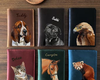 Copertina per passaporto personalizzata con ritratto di animale domestico dipinto a mano, mini dipinto artistico, regalo di viaggio