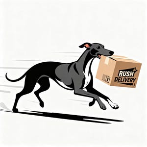 May include: A stylized illustration of a black and grey dog running at high speed while carrying a brown cardboard box in its mouth. The box features the text RUSH DELIVERY printed in black on the side, with motion lines indicating rapid movement.