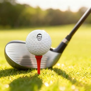 Peut inclure: Une balle de golf blanche avec un visage imprimé repose sur un tee rouge, devant un club de golf. La balle à alvéoles et le tee sont sur l'herbe verte, avec un arrière-plan flou d'herbe et de soleil.
