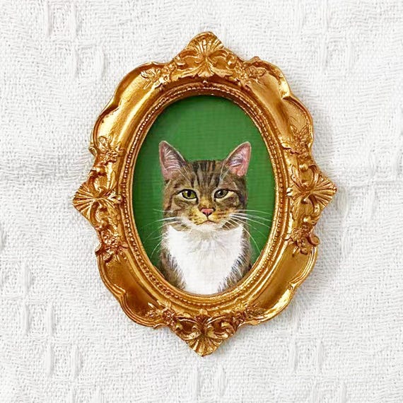 Custom Hand-Painted Pet Portrait: Cat Dog Art with Baroque Frame, Pet Loss Gift
