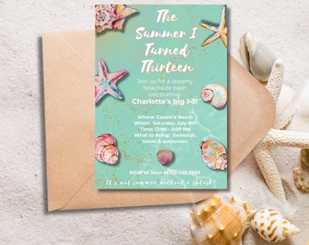 Invitación "El verano que cumplí trece" / Plantilla editable de Canva / 13.º cumpleaños costero / Descarga instantánea
