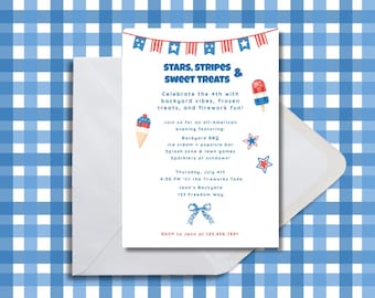 Invitation fête du 4 juillet : étoiles, rayures, barbecue (modèle de toile modifiable - téléchargement numérique