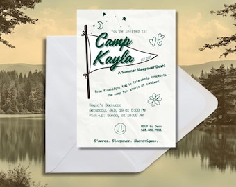 Uitnodiging voor verjaardagsfeestje kamp | Bewerkbare canvassjabloon | Uitnodiging zomerkamp en bosthema | Direct downloaden