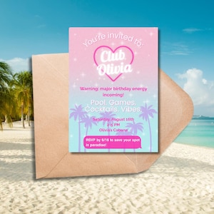 Invitation d'anniversaire du club Olivia | Invitation à une soirée cabanon au bord de la piscine | Modèle de toile modifiable | Anniversaire d'été des filles | Téléchargement instantané