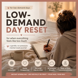 A person in bed writes in a journal titled "LOW-DEMAND DAY RESET" next to a mug, with text overlays about low-demand days.