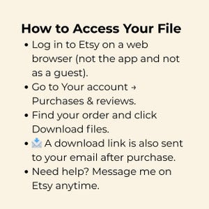 A light brown background with black text titled "How to Access Your File" and five bullet points detailing the steps to download a digital purchase from Etsy.