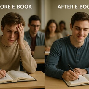 May include: Image comparing two students in a classroom setting. The left side shows a student looking stressed while writing in a book, with the text "BEFORE E-BOOK" above. The right side shows a smiling student writing, with the text "AFTER E-BOOK" above.