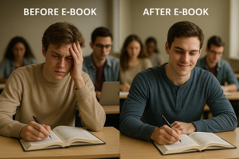 May include: Image comparing two students in a classroom setting. The left side shows a student looking stressed while writing in a book, with the text "BEFORE E-BOOK" above. The right side shows a smiling student writing, with the text "AFTER E-BOOK" above.
