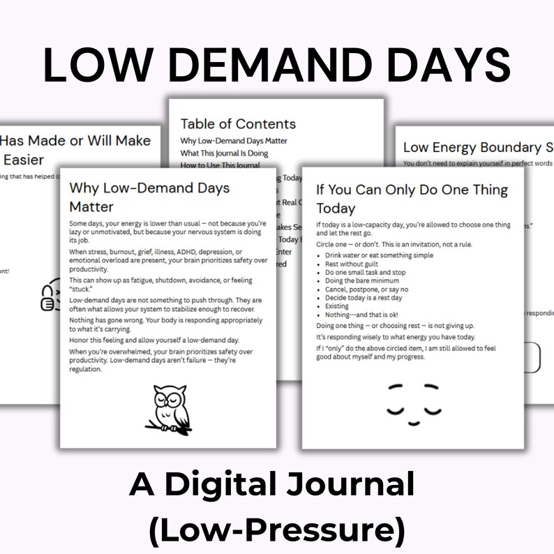 May include: A digital journal titled "Low Demand Days" with text on white pages. The journal's pages include sections on low-demand days, energy levels, and self-care. The cover features the title in large, bold letters. Low demand days digital journal cover showing minimalist pages for rest, burnout recovery, and low-pressure productivity.