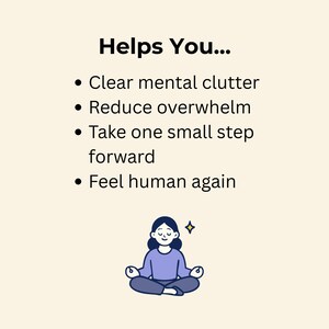 Text on a beige background reads: "Helps You..." followed by bullet points about clearing mental clutter and reducing overwhelm, with a small illustration of a person meditating.