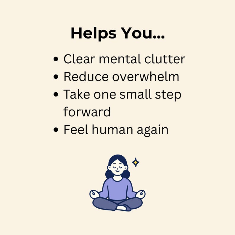 Text on a beige background reads: "Helps You..." followed by bullet points about clearing mental clutter and reducing overwhelm, with a small illustration of a person meditating.