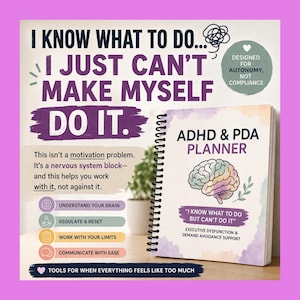 Może przedstawiać: Spiralnie oprawiony planer ADHD & PDA z ilustracją mózgu. Okładka zawiera napis "ADHD & PDA PLANNER" oraz "I KNOW WHAT TO DO BUT CAN'T DO IT." Dodatkowy tekst to "Designed for Autonomy, Not Compliance".