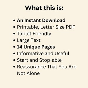 Text on a beige background reads: "What this is:" followed by bullet points describing the product as an instant download, printable PDF, and 14 unique pages.