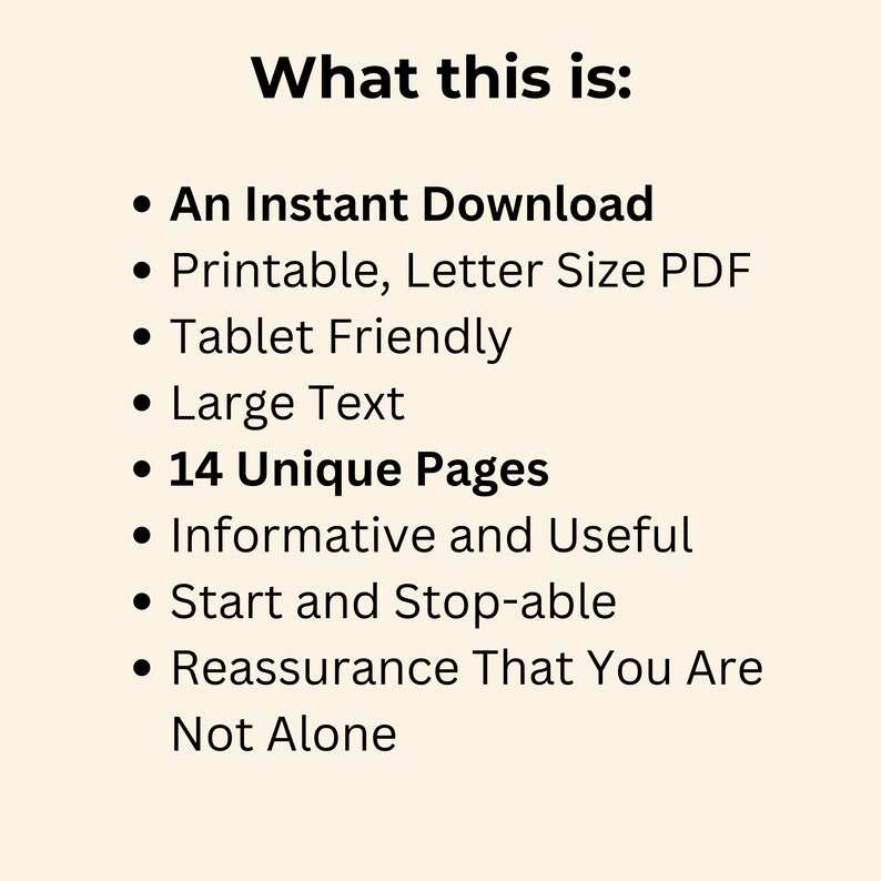 Text on a beige background reads: "What this is:" followed by bullet points describing the product as an instant download, printable PDF, and 14 unique pages.