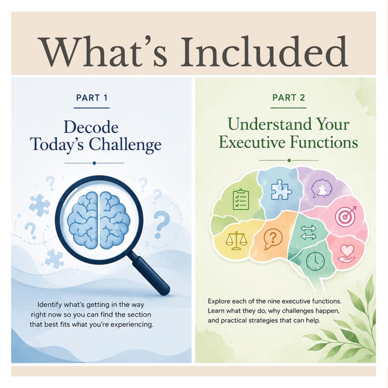Workbook preview displaying the Executive Function Decoder and colorful illustrations explaining the nine executive functions.