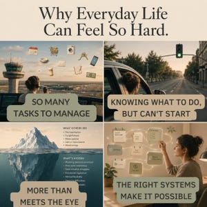 Comparison graphic explaining why everyday life can feel difficult due to executive function challenges and how understanding your brain can help.