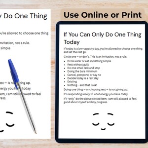 Two sections of a digital journal are shown: one with a blue pen and text about choosing one thing, and another titled "If You Can Only Do One Thing."