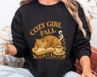 Sudadera con estampado de gato y libro de otoño para mujer, cuello redondo de Gildan, ideal para amantes de la lectura, regalo para la salud mental, estética otoñal, con vibras de autocuidado.
