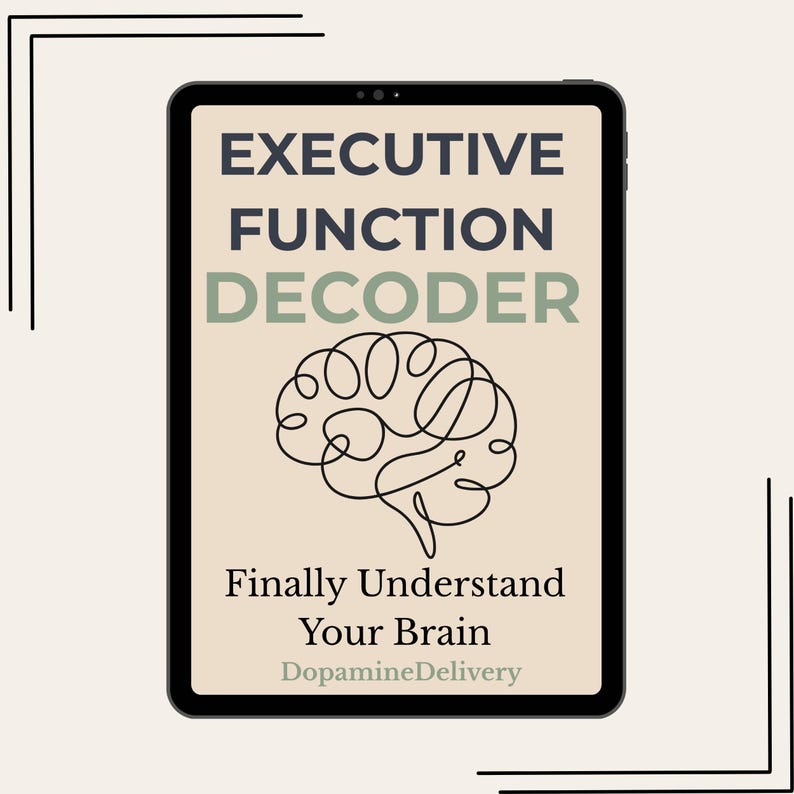 Executive Function Decoder workbook cover displayed on an iPad with a cream background and minimalist brain illustration.