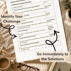 Close-up of the Executive Function Decoder worksheet showing guided questions for identifying executive function challenges.
