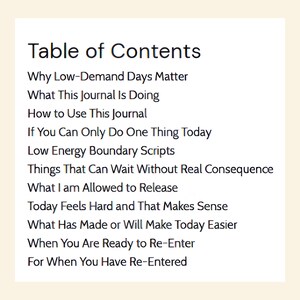 Text on a white background displays a table of contents with titles like "Why Low-Demand Days Matter" and "Low Energy Boundary Scripts."