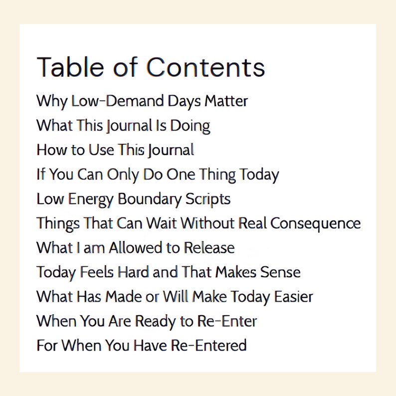 Text on a white background displays a table of contents with titles like "Why Low-Demand Days Matter" and "Low Energy Boundary Scripts."