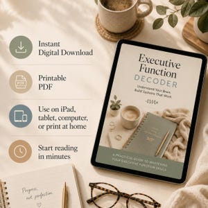 Lifestyle mockup of the Executive Function Decoder displayed on an iPad with digital download features listed beside it.