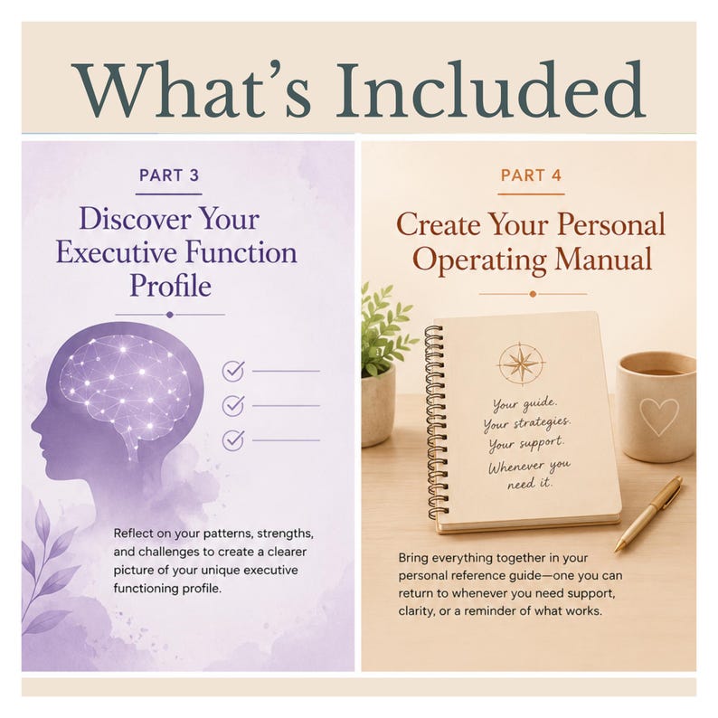 Interior workbook pages showing the Executive Function Decoder profile and personal toolbox planning worksheets.