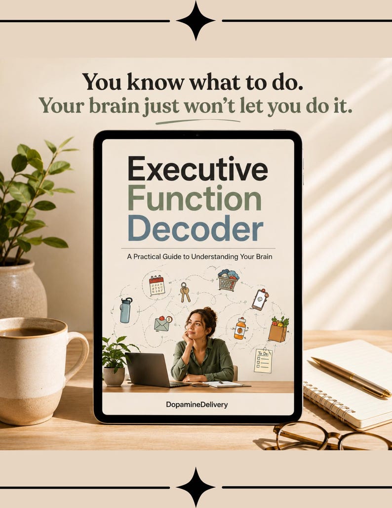 Peut inclure: Une tablette num&eacute;rique affichant un guide intitul&eacute; Executive Function Decoder: A Practical Guide to Understanding Your Brain. L'&eacute;cran montre une personne assise &agrave; un bureau avec un ordinateur portable, entour&eacute;e d'ic&ocirc;nes illustrant des t&acirc;ches quotidiennes.