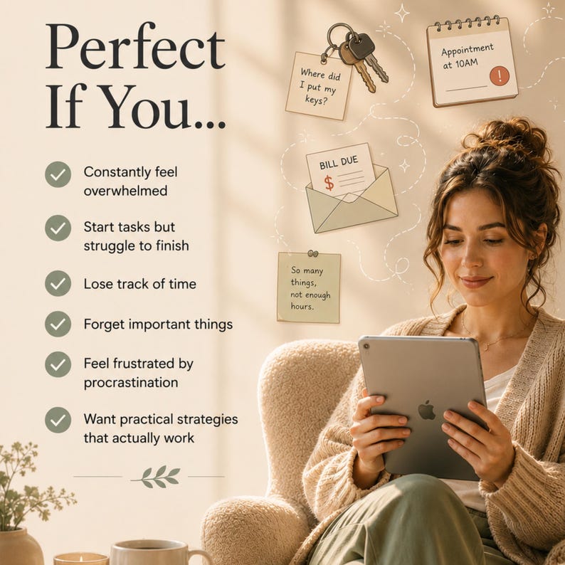 Infographic describing who the Executive Function Decoder is designed for, including adults with ADHD, executive dysfunction, and overwhelm.