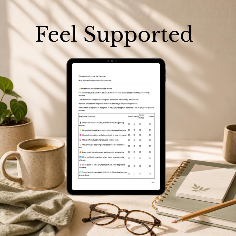 Lifestyle image of the Executive Function Decoder open on an iPad with a cozy desk setup and warm neutral colors.