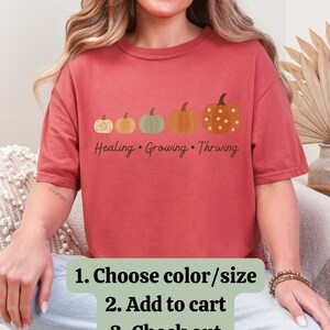 Puede incluir: Una camiseta de color rojo anaranjado con una fila de cinco calabazas de varios colores y dise&ntilde;os. El texto "Healing &bull; Growing &bull; Thriving" est&aacute; impreso debajo. Debajo del texto est&aacute;n las palabras "1. Choose color/size 2. Add to cart 3. Check out".