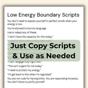 A screenshot of a digital page titled "Low Energy Boundary Scripts" with example phrases, and a green overlay that reads "Just Copy Scripts & Use As Needed."