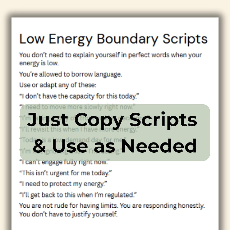 A screenshot of a digital page titled "Low Energy Boundary Scripts" with example phrases, and a green overlay that reads "Just Copy Scripts & Use As Needed."