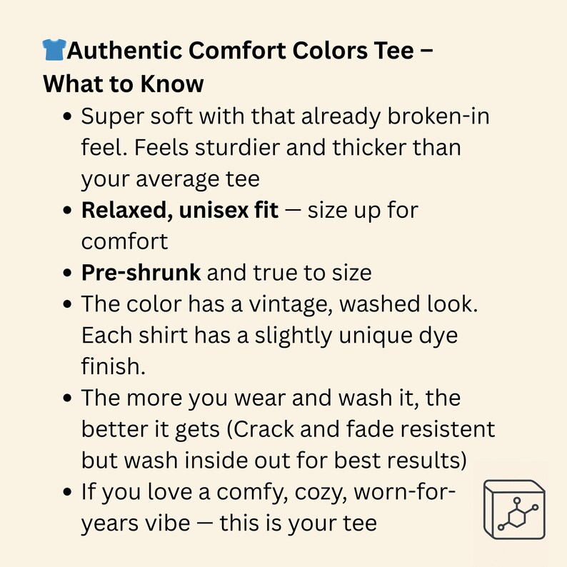 Puede incluir: Texto sobre un fondo crema: "Authentic Comfort Colors Tee - What to Know." Los puntos enumeran las caracter&iacute;sticas de la camiseta: suave, corte unisex relajado, pre-encogido, color vintage y acabado de tinte &uacute;nico. La camiseta se describe como c&oacute;moda.