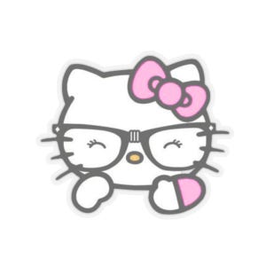 Puede incluir: Una pegatina de un personaje de gato blanco con un lazo rosa en la oreja derecha y gafas de montura negra. El gato tiene una pequeña nariz amarilla, bigotes negros y dos patas visibles, una de las cuales tiene un detalle de color rosa.