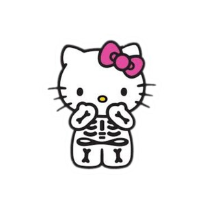 May include: A white cartoon cat with a pink bow, black eyes, and whiskers. The cat's body is a skeleton, with black outlines and bone details. The cat is in a standing pose, with its hands near its chest.