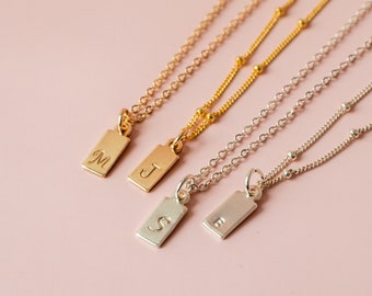 Tiny Rectangle Tag Necklace | Gold Initial Tag Necklace | Dainty Letter Necklace | Gold Bar Necklace | Mom Necklace | Push Present