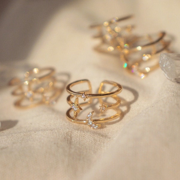 Moon Ring | Star Ring | Statement Ring | Diamond Ring | Gold Ring | Adjustable Ring | Lyra Ring